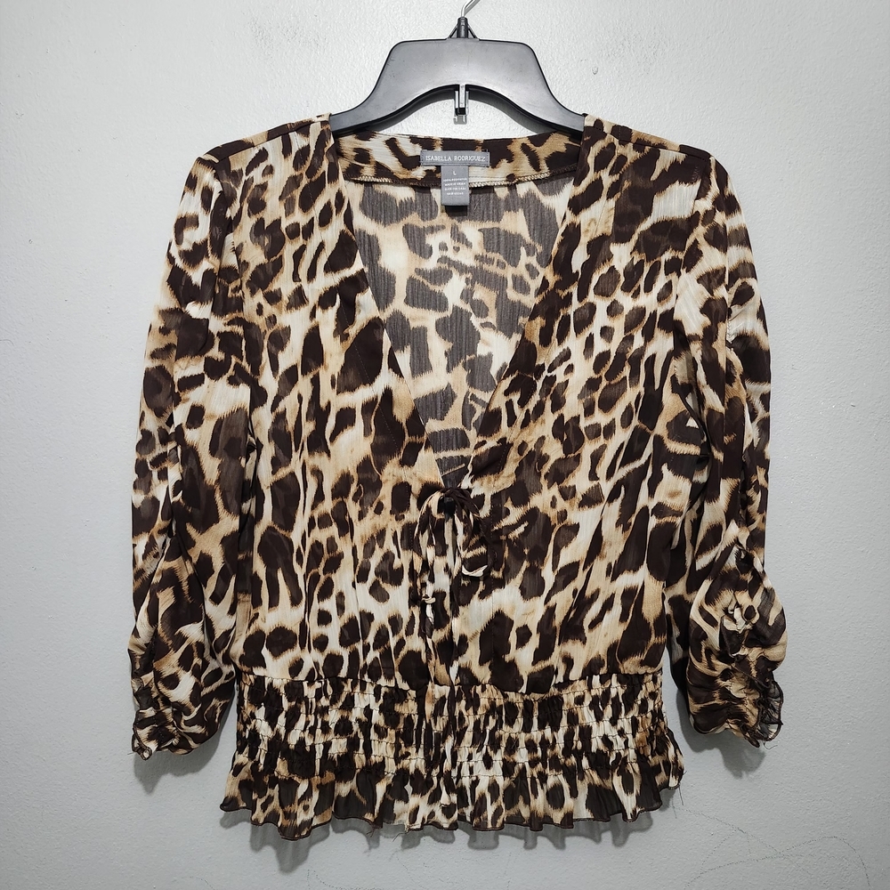 Isabella Rodriguez Animal Print V-Neck Sheer Blouse Size L Y2K 90s